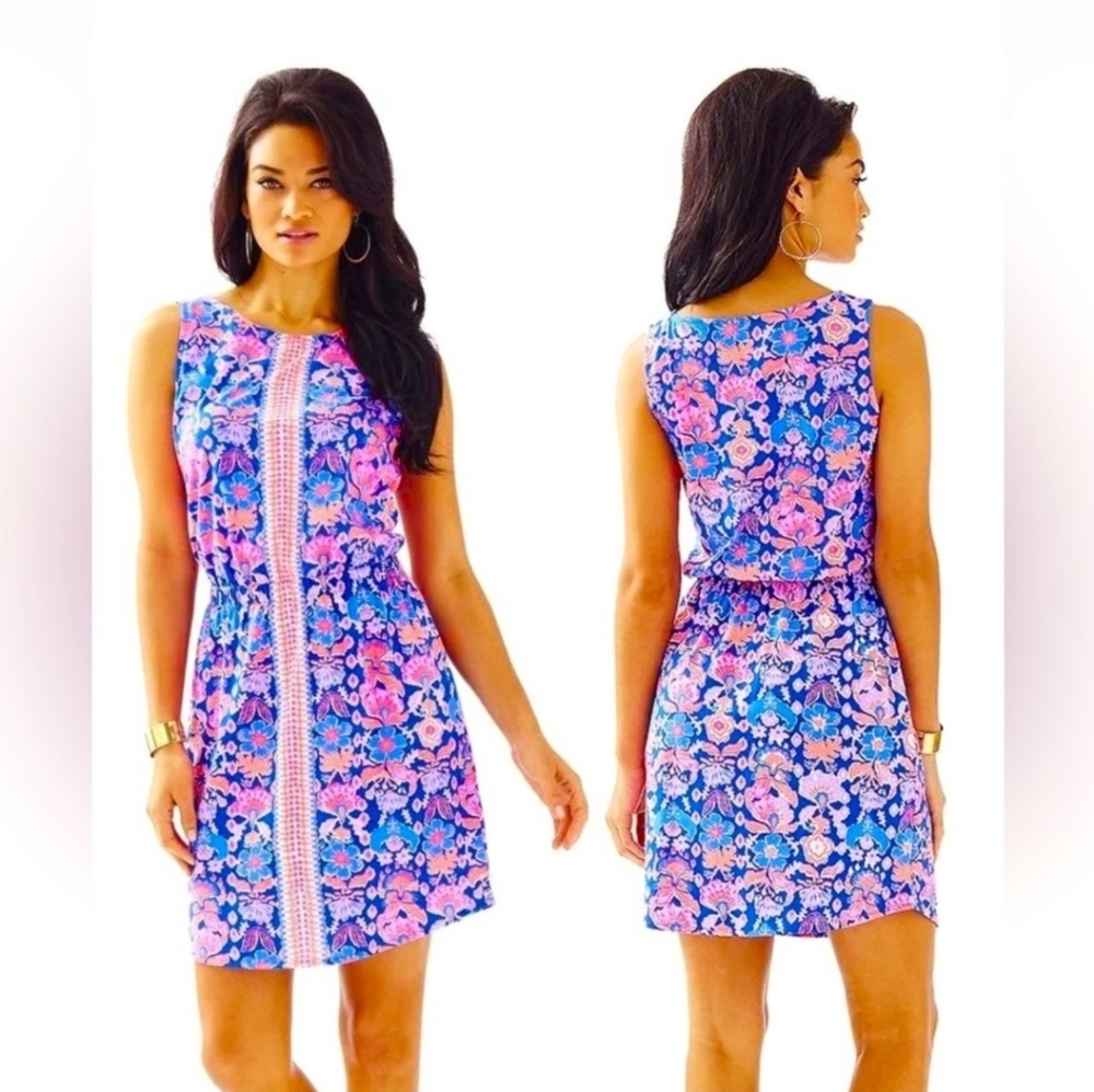 Lilly Pullizer Designer Floral Winward Iris Blue Werk It Sleeveless Dress XS
